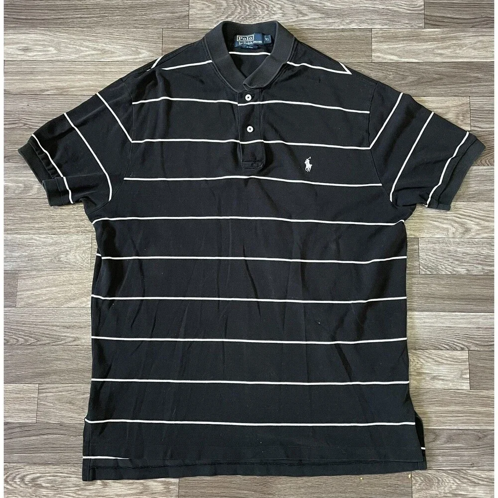 Polo Ralph Lauren Short Sleeve Polo Shirt Men’s XL Black White Striped Pony Logo